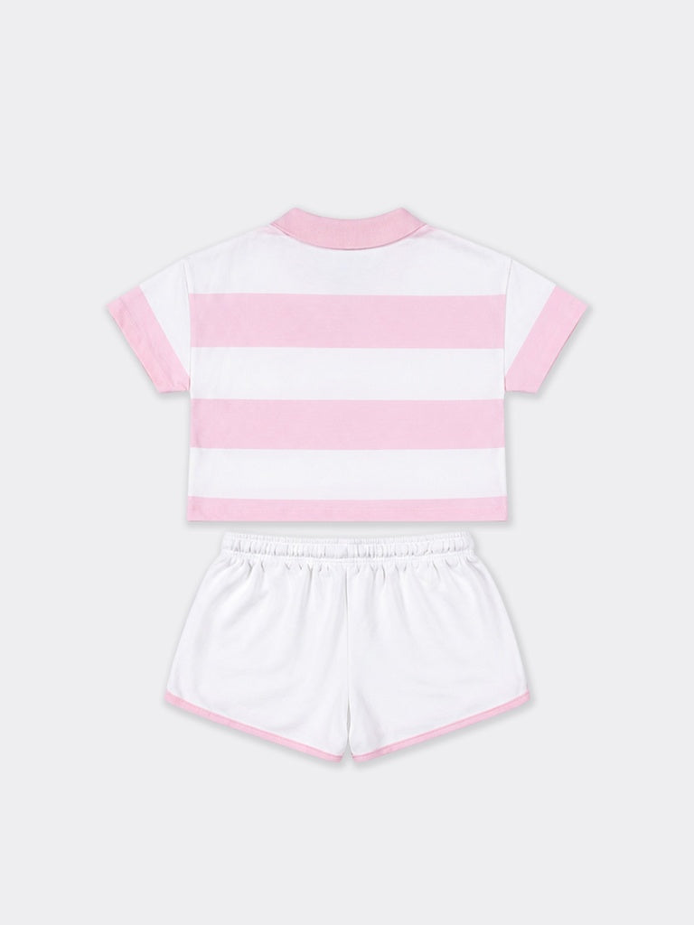 Girls Pink Striped Cotton Polo Crop Top and Shorts Set