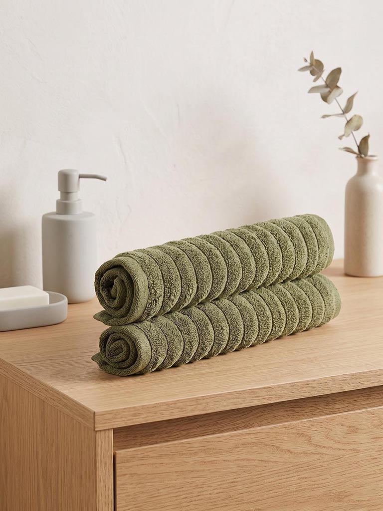 Westside Home Dark Olive Self-Striped Face Towels - Set of 2