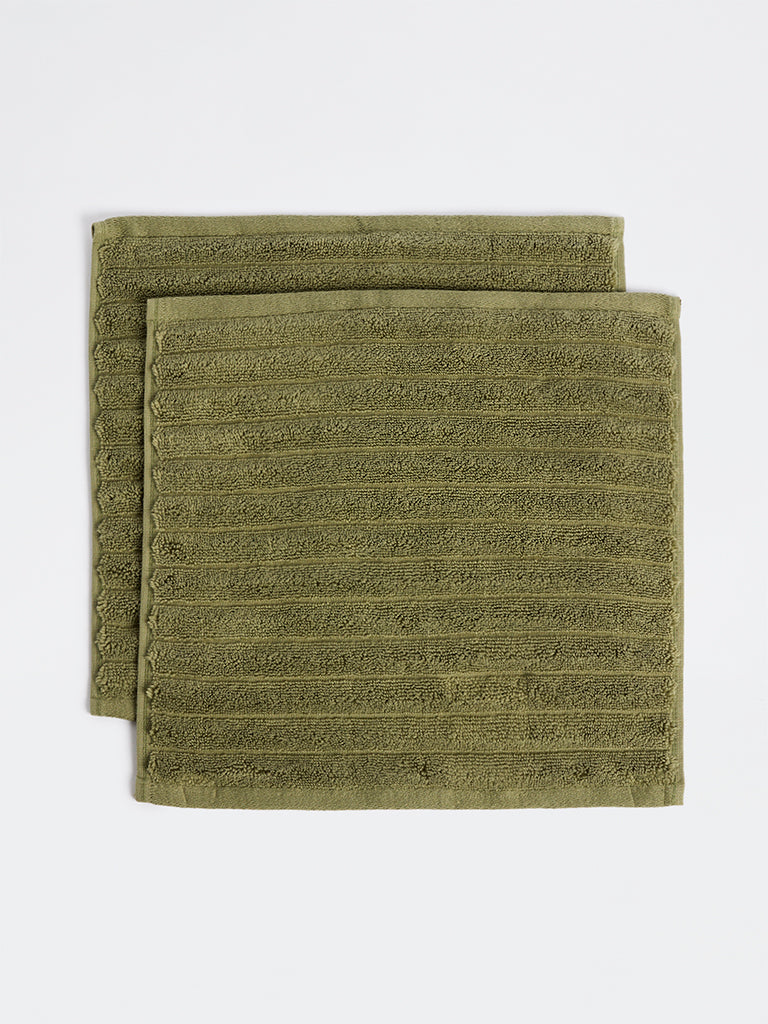 Westside Home Dark Olive Self-Striped Face Towels - Set of 2