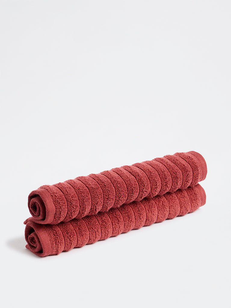 Westside Home Red Self-Striped Face Towels - Set of 2