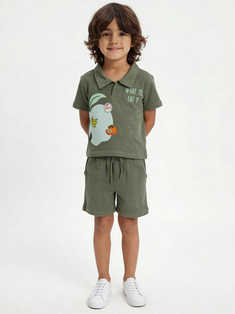 HOP Kids Boys Olive Fruit Printed Cotton T-Shirt and Shorts Set