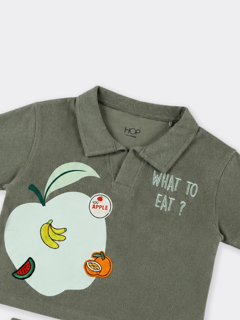 HOP Kids Boys Olive Fruit Printed Cotton T-Shirt and Shorts Set