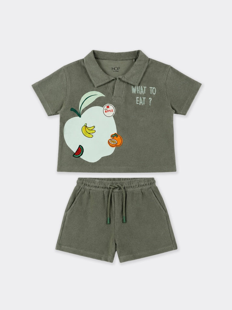 HOP Kids Boys Olive Fruit Printed Cotton T-Shirt and Shorts Set