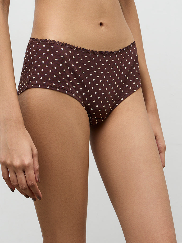 Superstar Dark Brown Polka-Dot Printed Low-Rise Cotton-Blend Briefs - Pack of 2