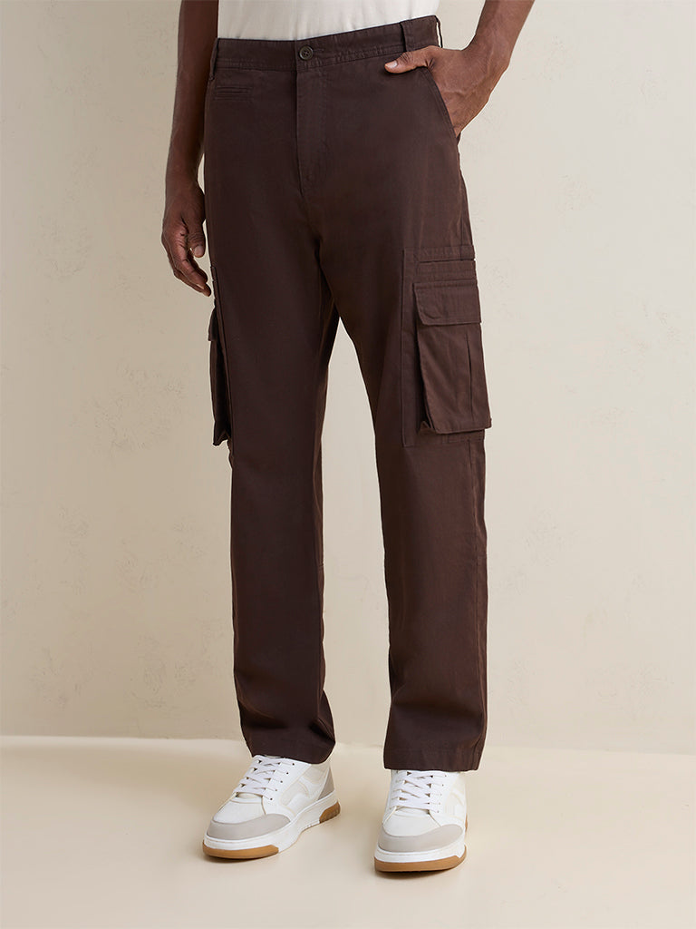 WES Casuals Dark Brown Relaxed-Fit Mid-Rise Cotton Cargo Pants