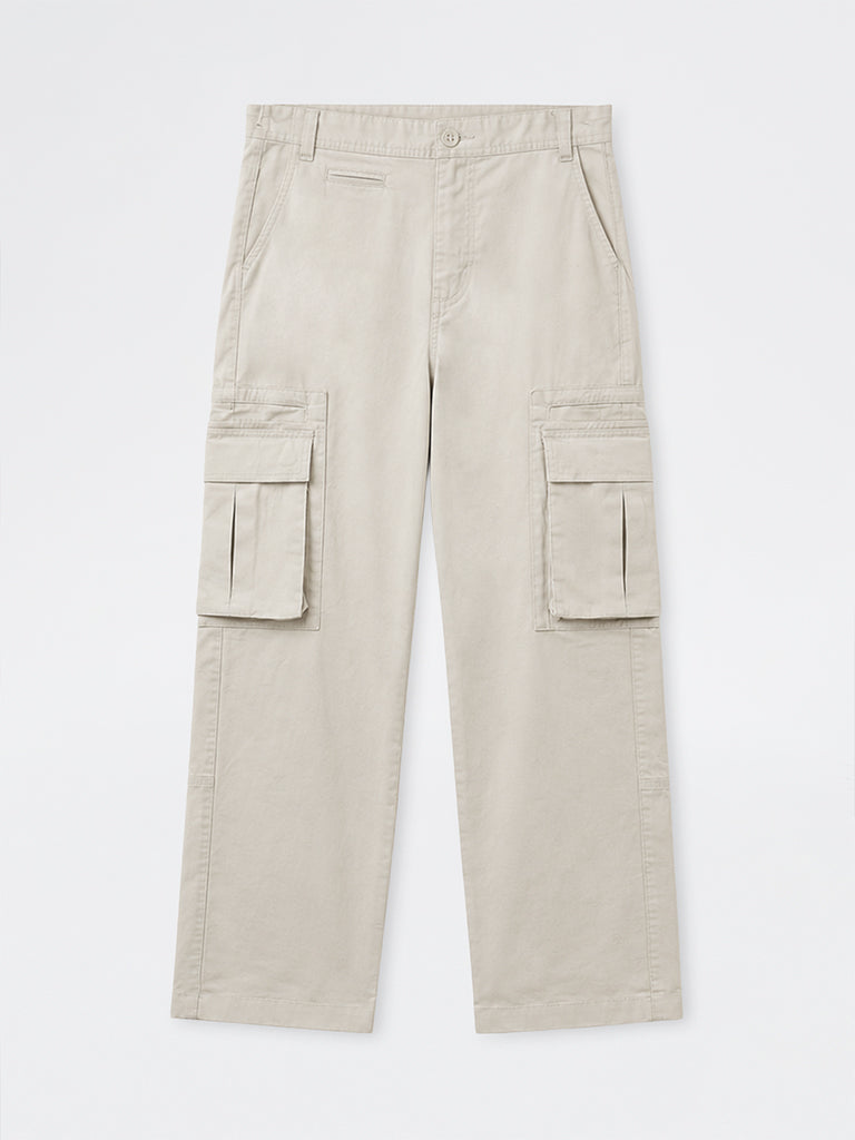WES Casuals Off-White Relaxed-Fit Mid-Rise Cotton Cargo Pants