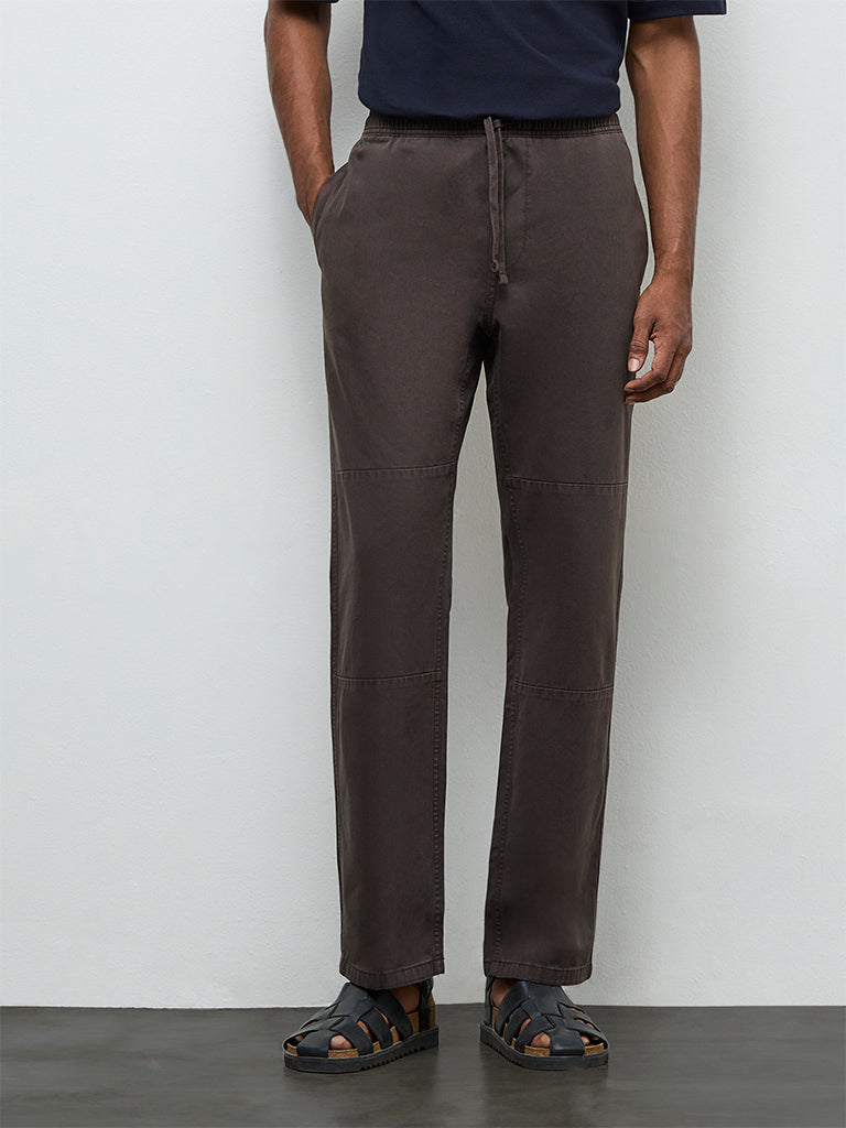WES Casuals Dark Brown Cotton Relaxed-Fit Mid-Rise Pants