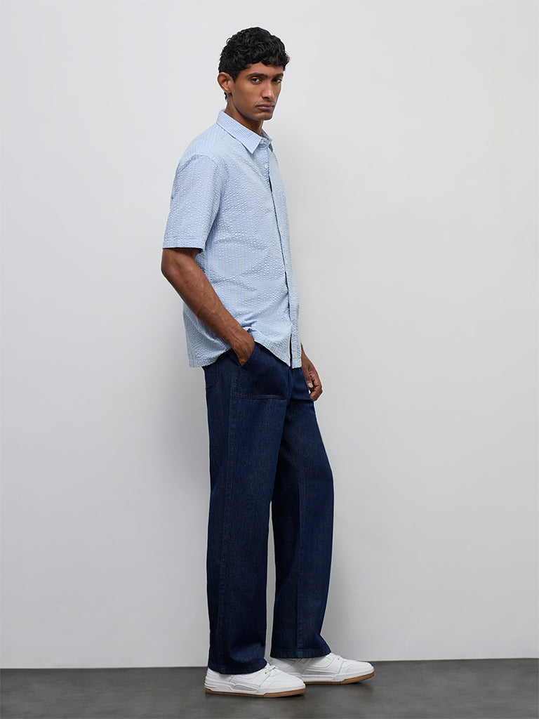 WES Casuals Navy Cotton Relaxed-Fit Mid-Rise Pants