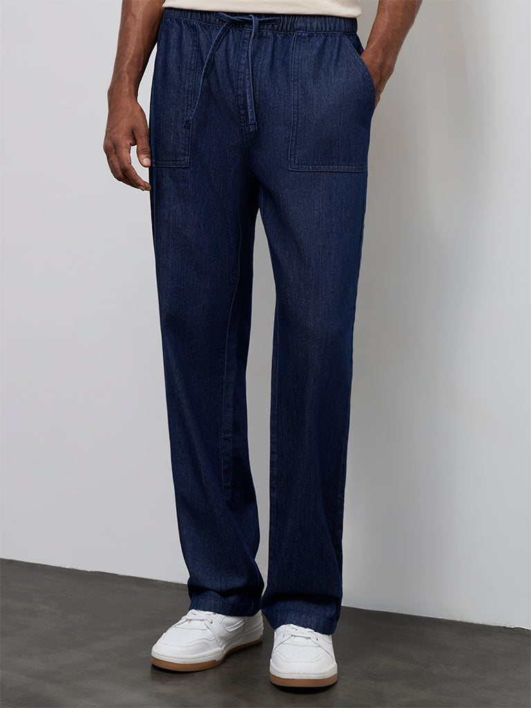 WES Casuals Navy Cotton Relaxed-Fit Mid-Rise Pants