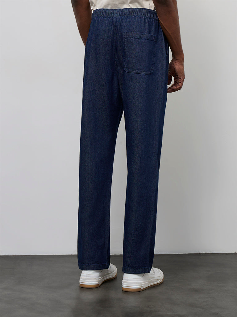 WES Casuals Navy Cotton Relaxed-Fit Mid-Rise Pants