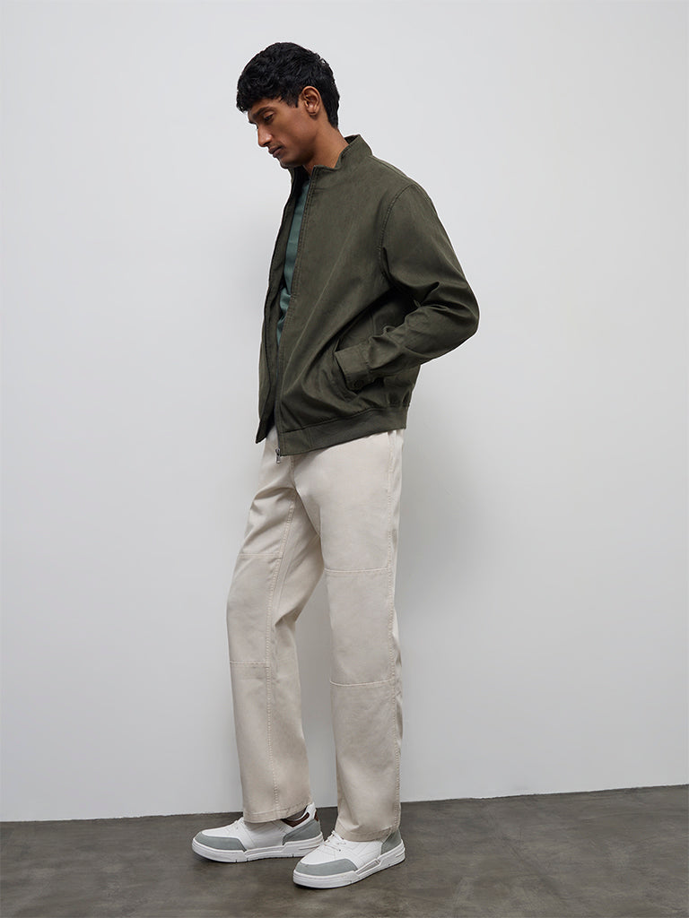 WES Casuals Off-White Cotton Relaxed-Fit Mid-Rise Pants