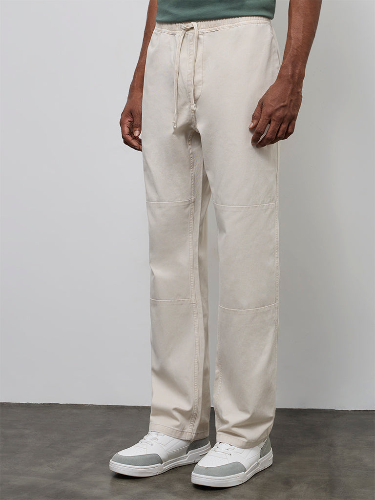 WES Casuals Off-White Cotton Relaxed-Fit Mid-Rise Pants