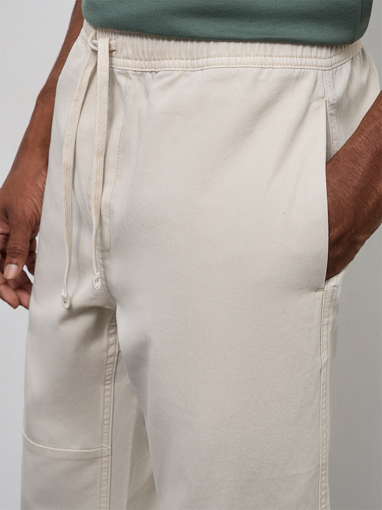 WES Casuals Off-White Cotton Relaxed-Fit Mid-Rise Pants