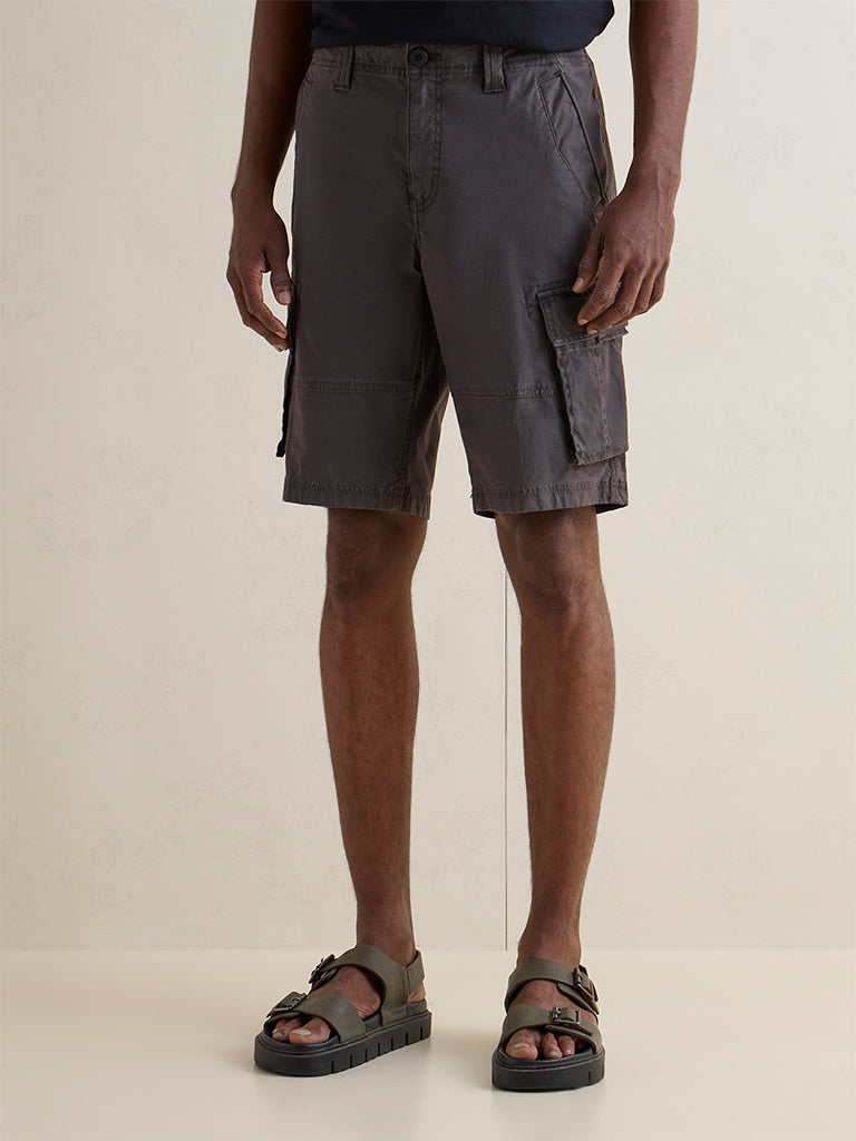 WES Casuals Charcoal Relaxed-Fit Mid-Rise Cotton Cargo Shorts