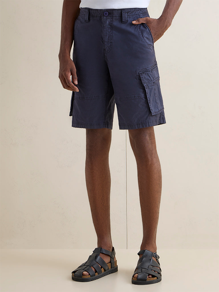 WES Casuals Navy Relaxed-Fit Mid-Rise Cotton Cargo Shorts