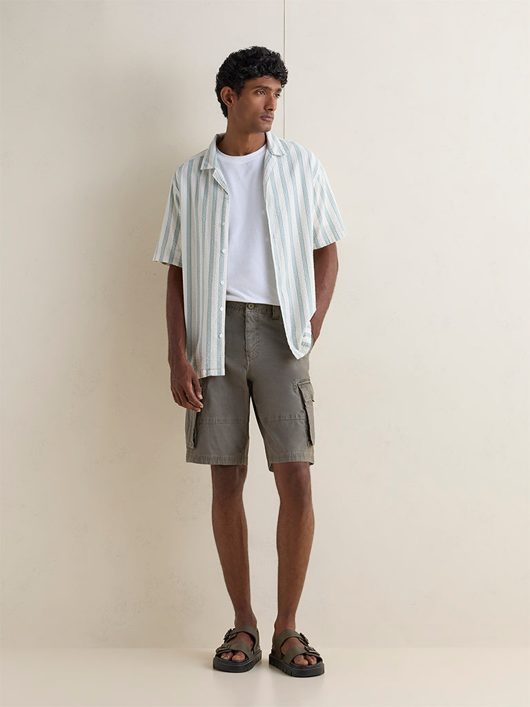 WES Casuals Dark Olive Relaxed-Fit Mid-Rise Cotton Cargo Shorts