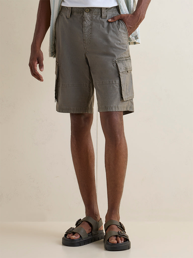 WES Casuals Dark Olive Relaxed-Fit Mid-Rise Cotton Cargo Shorts