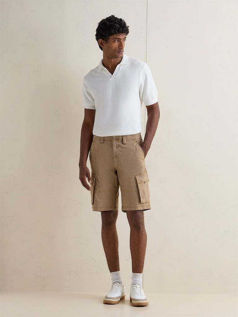 WES Casuals Beige Relaxed-Fit Mid-Rise Cotton Cargo Shorts