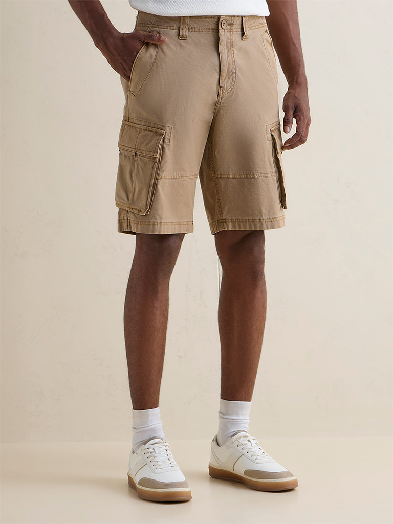 WES Casuals Beige Relaxed-Fit Mid-Rise Cotton Cargo Shorts