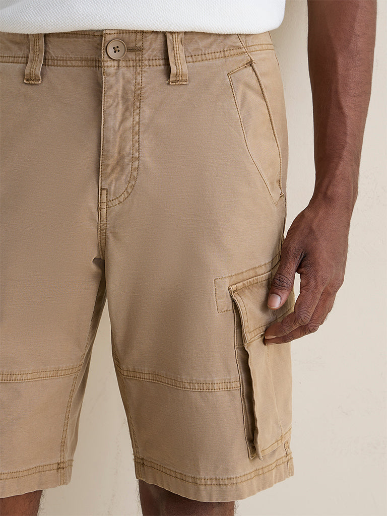 WES Casuals Beige Relaxed-Fit Mid-Rise Cotton Cargo Shorts