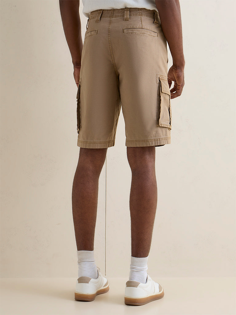 WES Casuals Beige Relaxed-Fit Mid-Rise Cotton Cargo Shorts