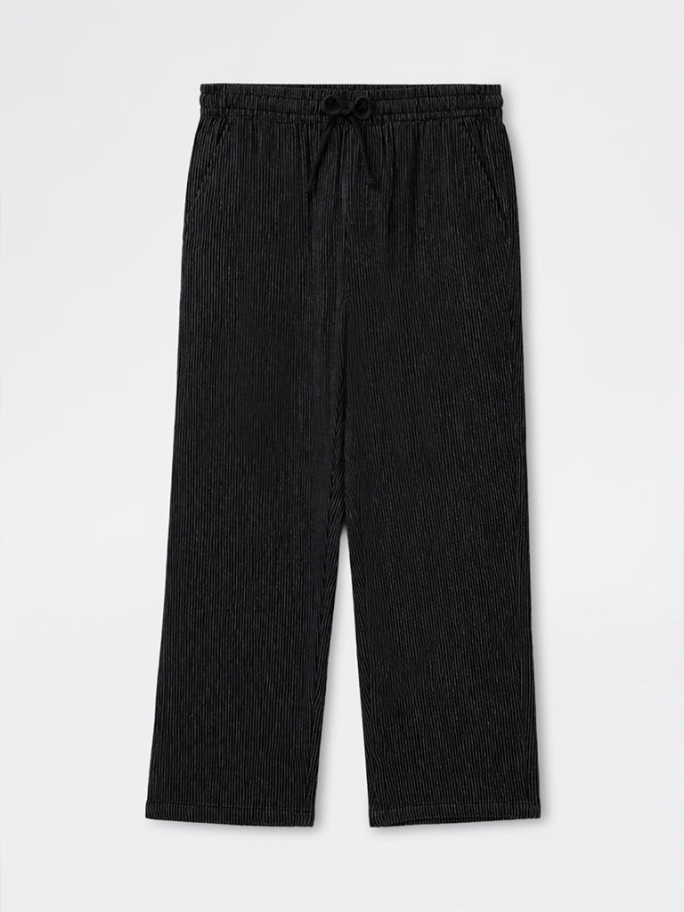 ETA Black Striped Relaxed-Fit Mid-Rise Cotton Pants