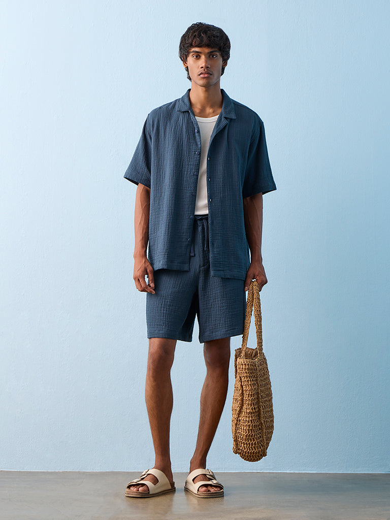 ETA Indigo Crinkle Textured Relaxed-Fit Mid-Rise Cotton Shorts
