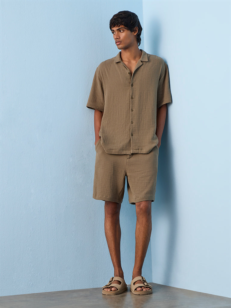 ETA Olive Crinkle Textured Relaxed-Fit Mid-Rise Cotton Shorts