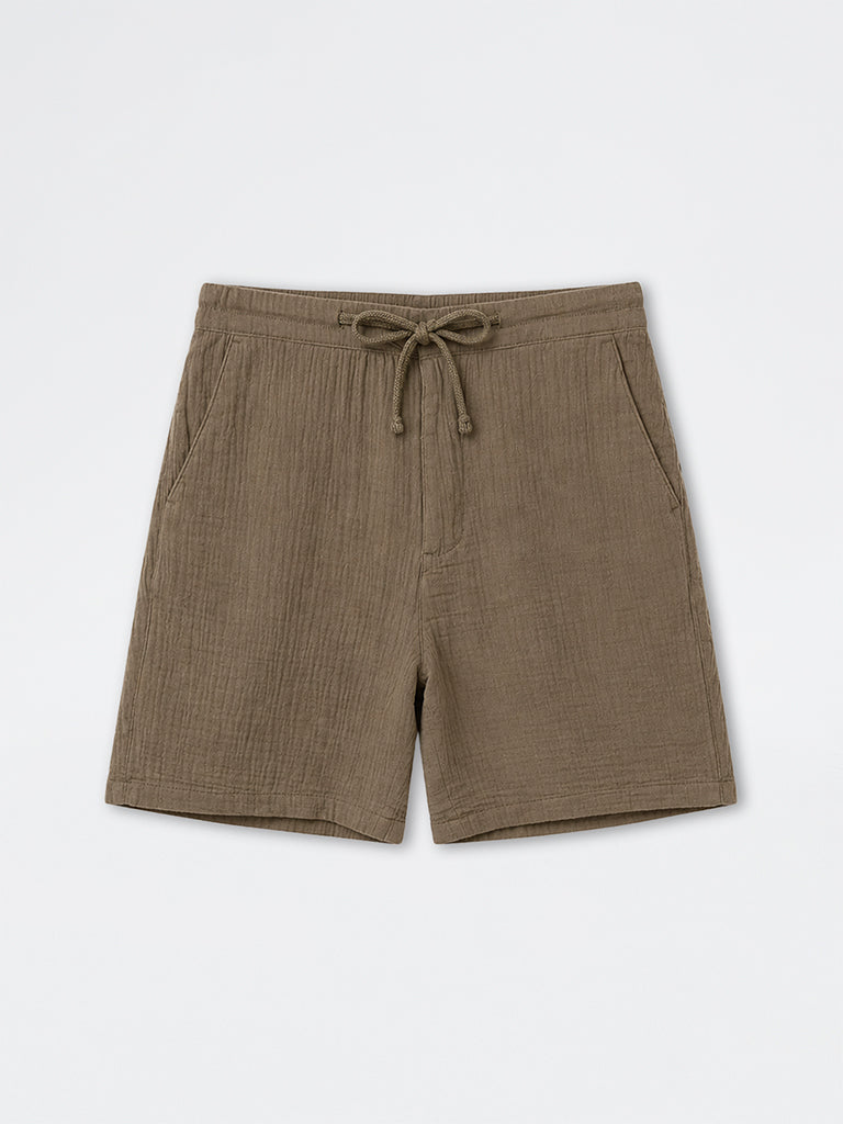 ETA Olive Crinkle Textured Relaxed-Fit Mid-Rise Cotton Shorts