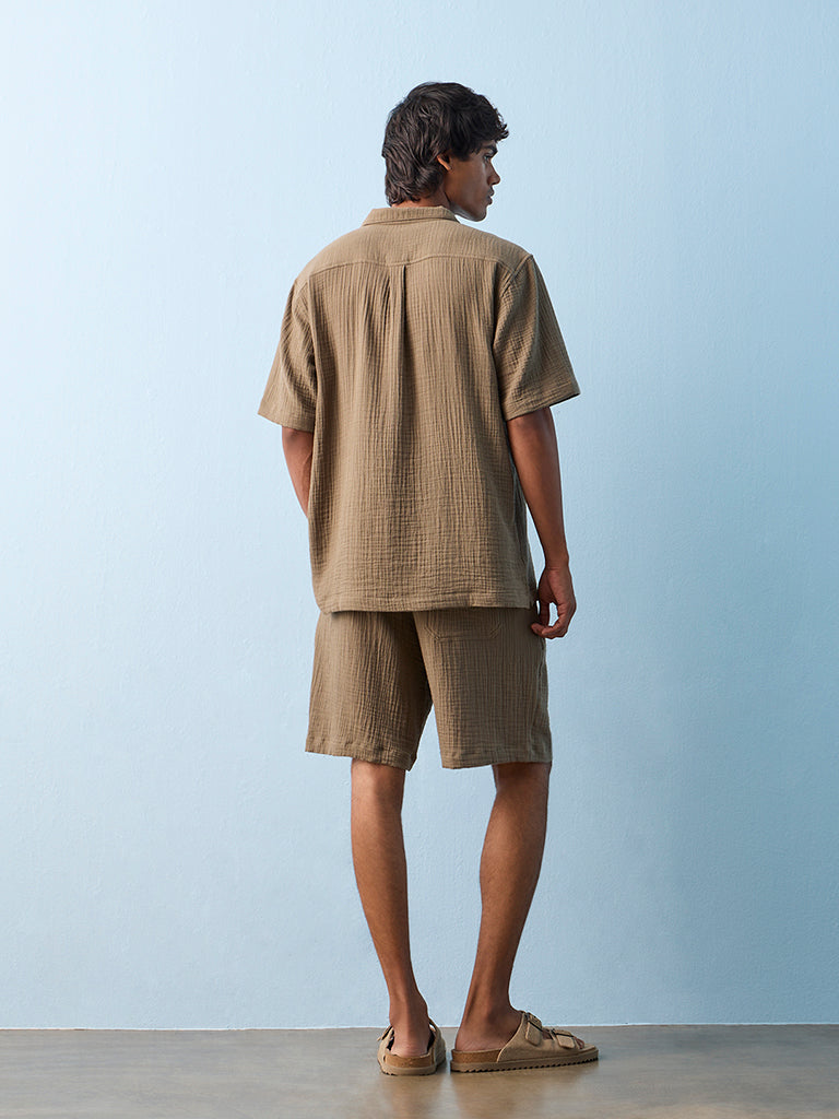 ETA Olive Crinkle Textured Relaxed-Fit Mid-Rise Cotton Shorts