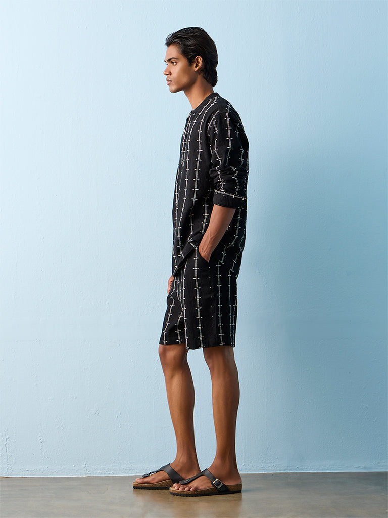 ETA Black Embroidered Relaxed-Fit Mid-Rise Cotton Shorts
