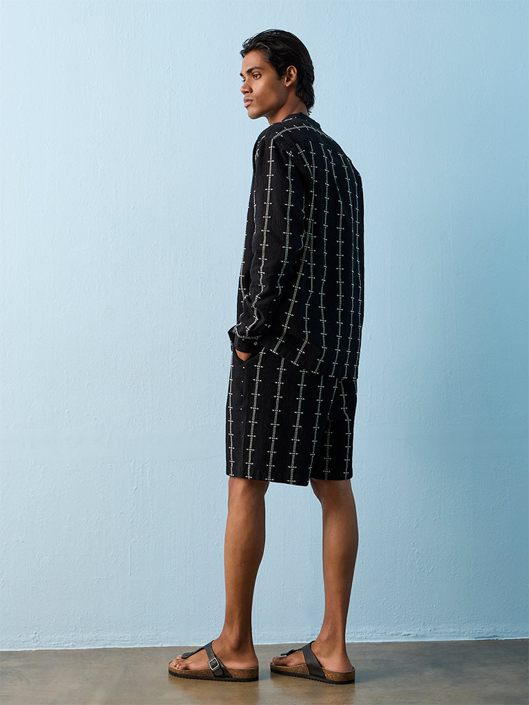 ETA Black Embroidered Relaxed-Fit Mid-Rise Cotton Shorts