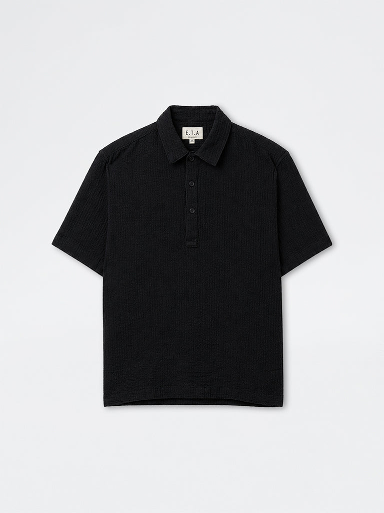 ETA Black Textured Relaxed-Fit Cotton Polo T-Shirt