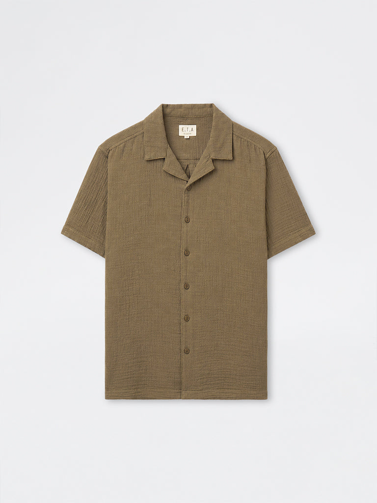 ETA Olive Crinkle Textured Relaxed-Fit Cotton Shirt