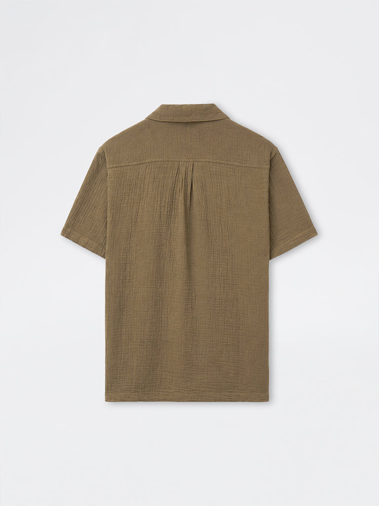 ETA Olive Crinkle Textured Relaxed-Fit Cotton Shirt