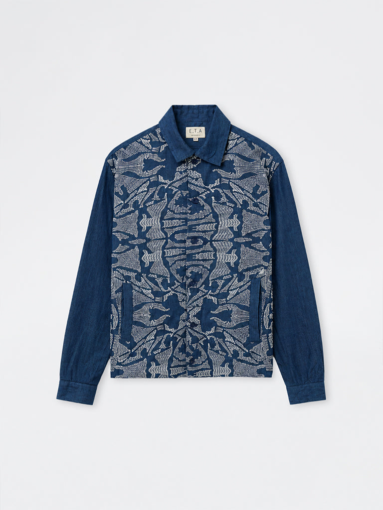 ETA Indigo Abstract Embroidered Relaxed-Fit Cotton-Blend Shirt