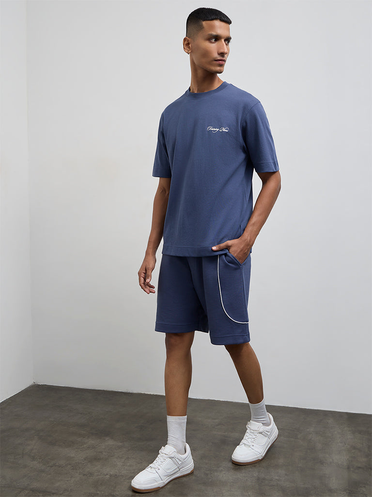 Nuoflexx Dark Blue Relaxed-Fit Cotton-Blend T-Shirt