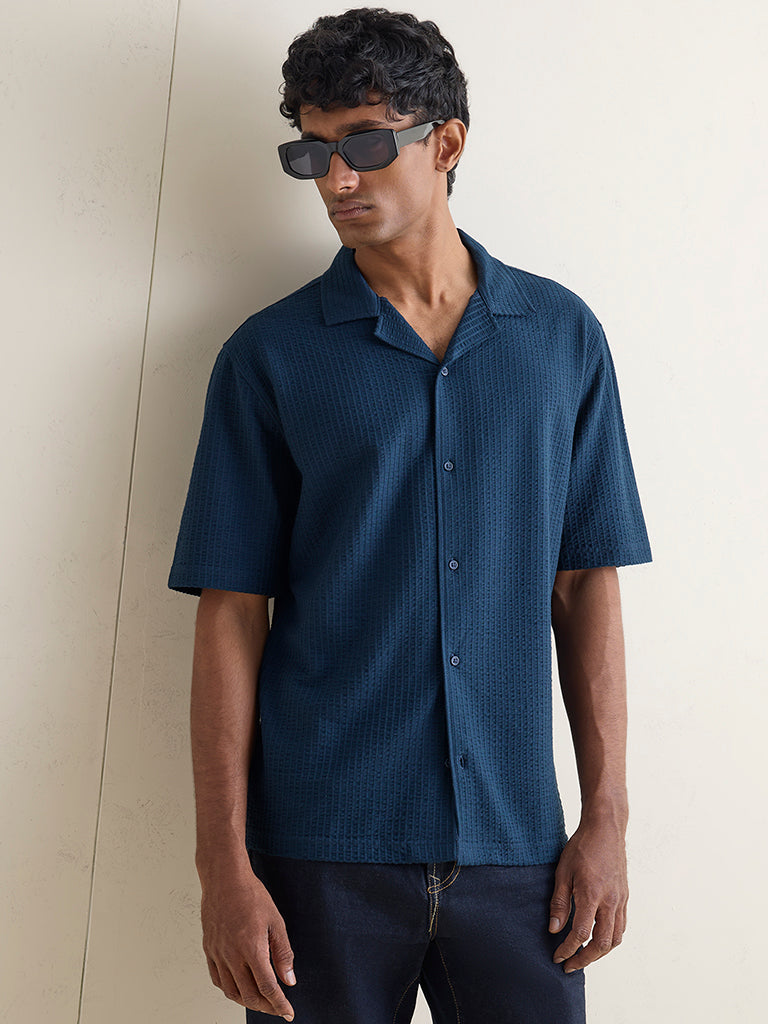 WES Casuals Teal Textured Relaxed-Fit Cotton-Blend Shirt