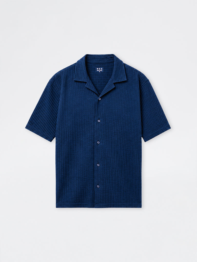 WES Casuals Teal Textured Relaxed-Fit Cotton-Blend Shirt