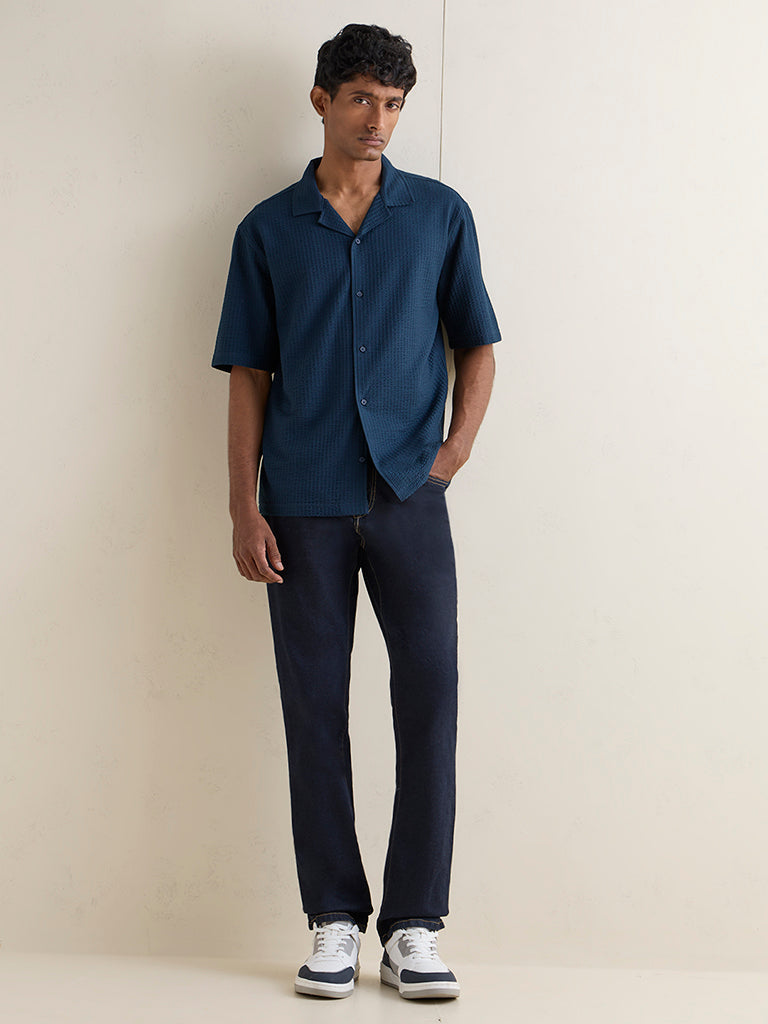 WES Casuals Teal Textured Relaxed-Fit Cotton-Blend Shirt