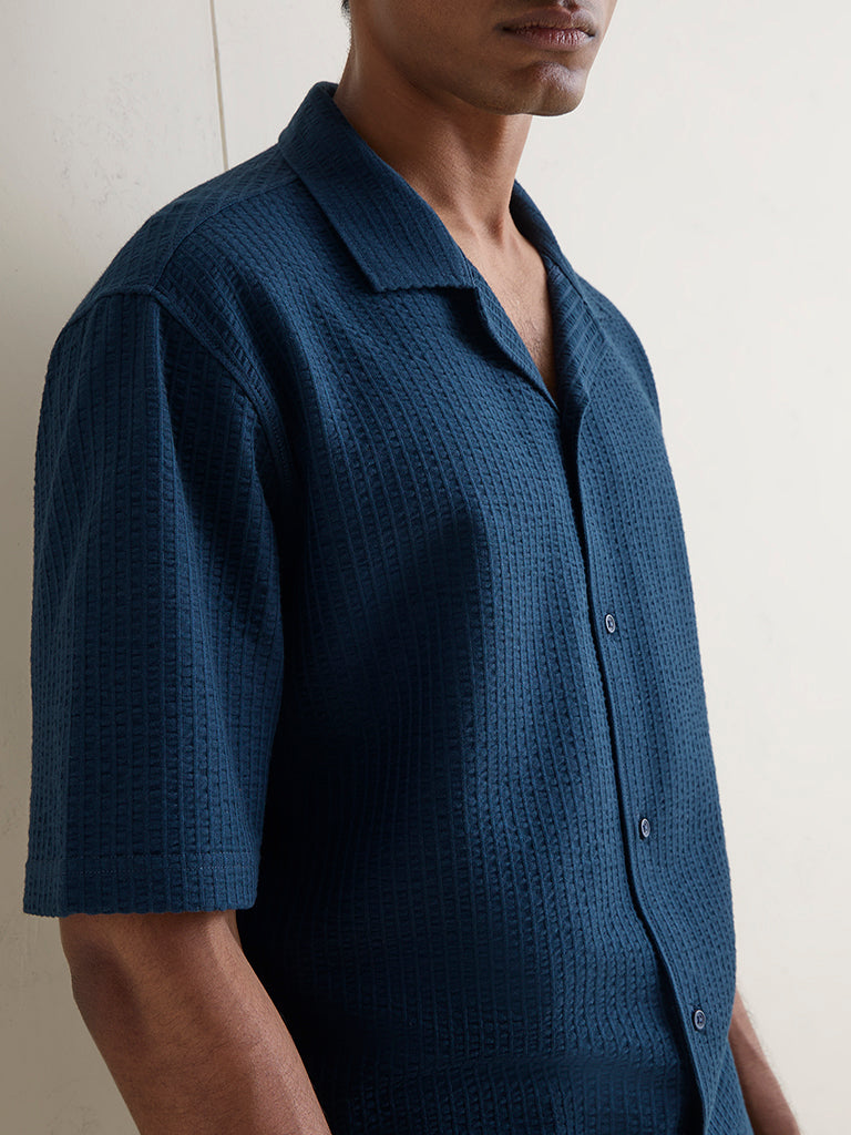 WES Casuals Teal Textured Relaxed-Fit Cotton-Blend Shirt