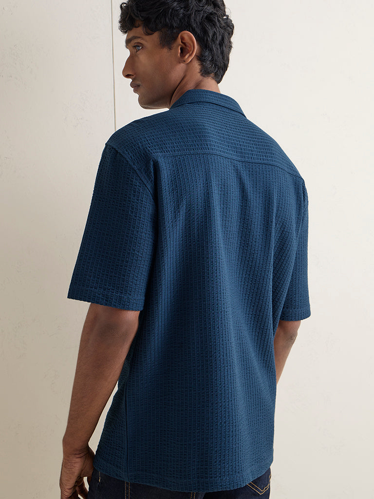 WES Casuals Teal Textured Relaxed-Fit Cotton-Blend Shirt