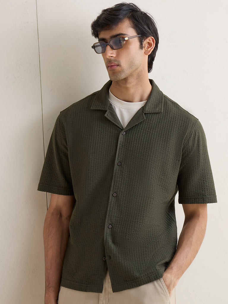 WES Casuals Olive Cotton-Blend Textured Relaxed-Fit Shirt