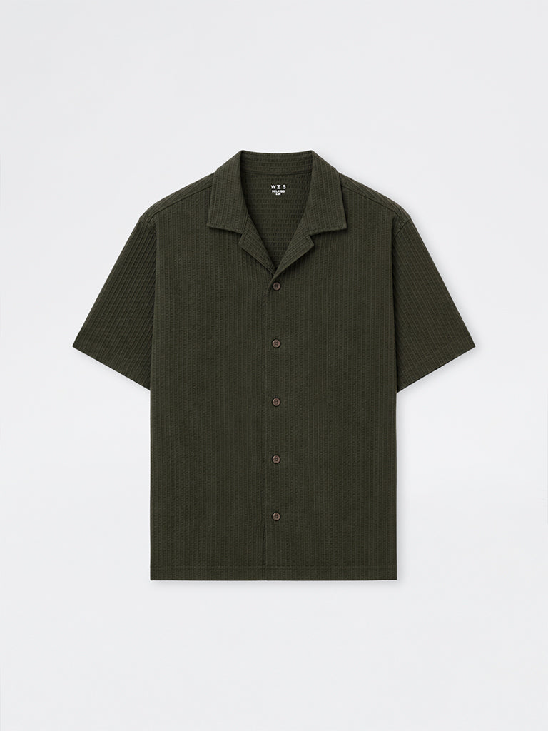 WES Casuals Olive Cotton-Blend Textured Relaxed-Fit Shirt