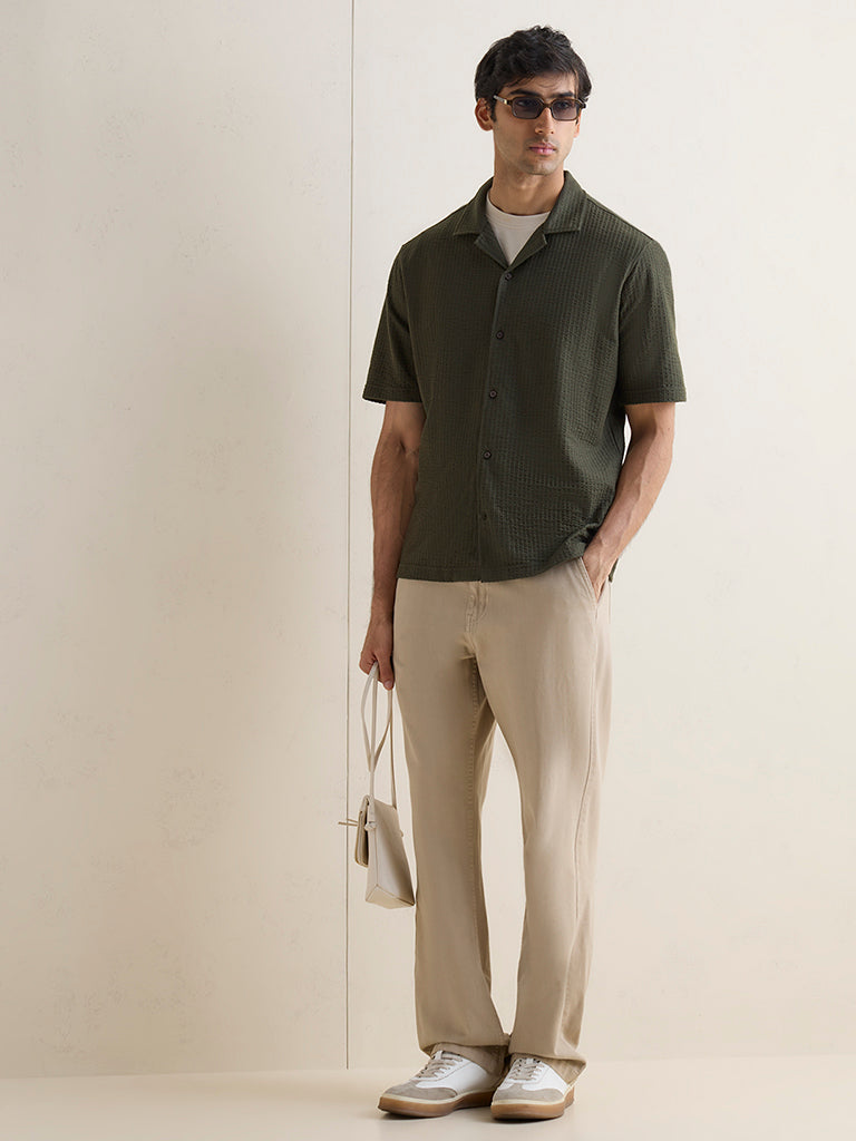 WES Casuals Olive Cotton-Blend Textured Relaxed-Fit Shirt