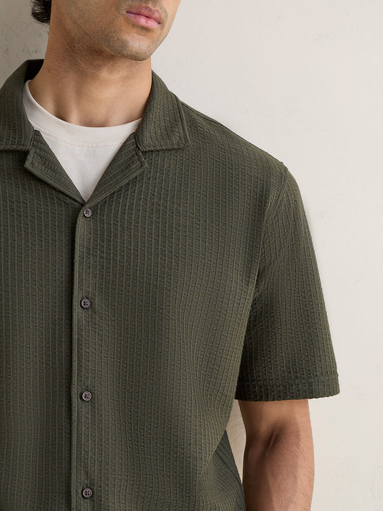 WES Casuals Olive Cotton-Blend Textured Relaxed-Fit Shirt