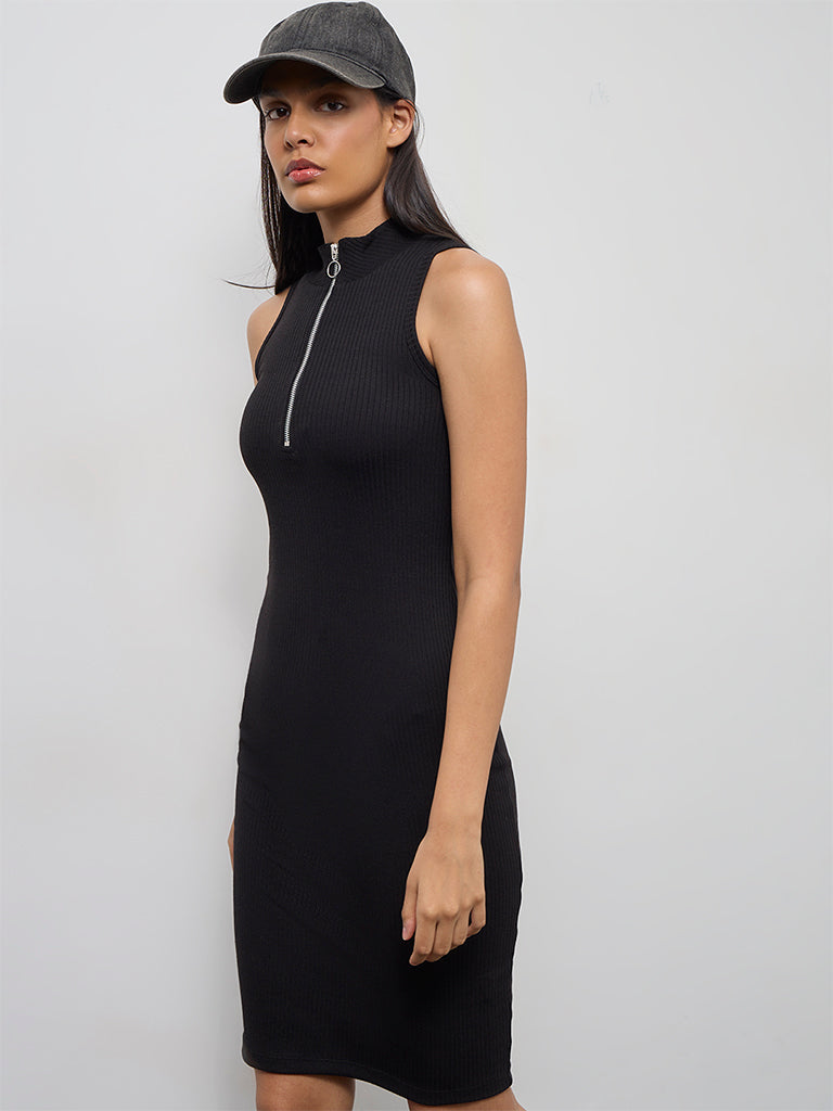 Nuoflexx Black Ribbed Quarter-Zip Bodycon Dress
