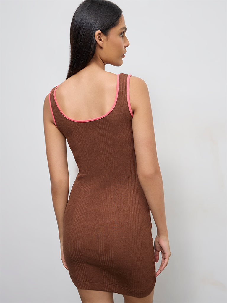 Nuoflexx Brown Ribbed Cotton-Blend Bodycon Dress