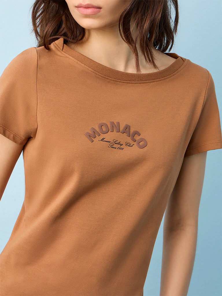 Nuoflexx Light Brown Text Embossed Cotton-Blend T-Shirt