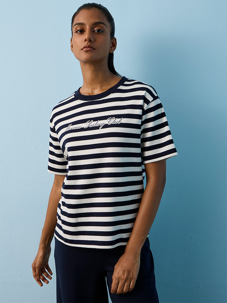 Nuoflexx Navy Striped Regular-Fit Cotton T-Shirt